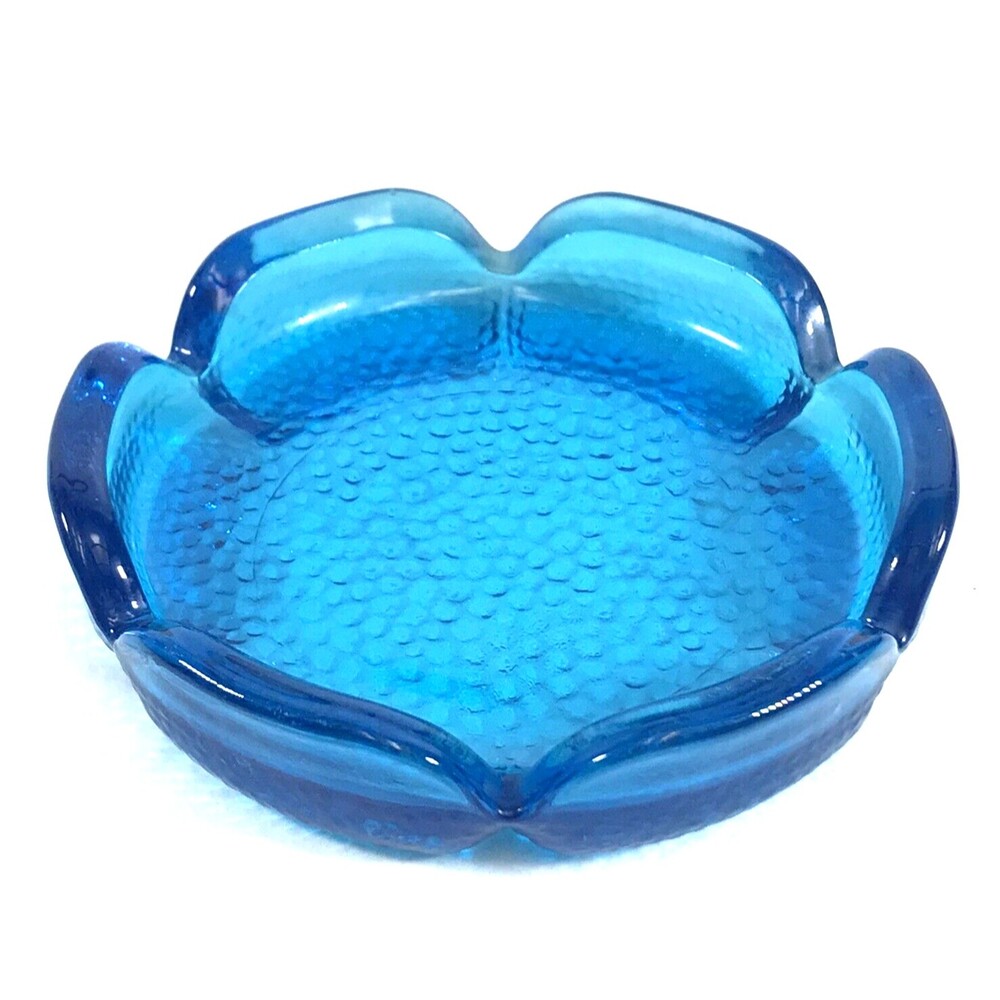 Anchor Hocking Glass Ashtray Sapphire Blue Lotus Flower Pebble Vtg MCM 5.75"